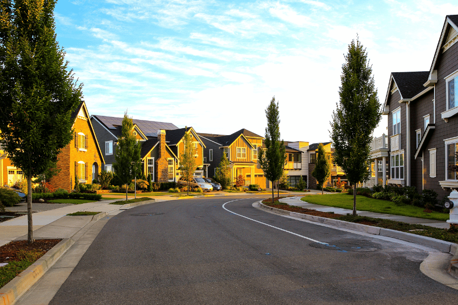beautiful suburban neighborhood with single-family homes and trees in front yards