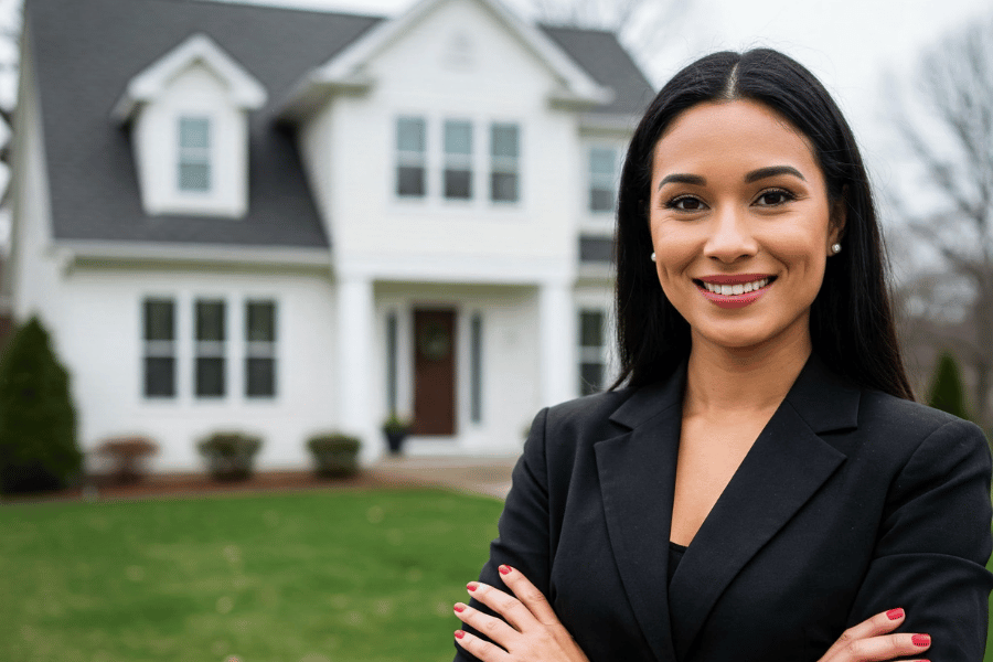 happy real estate agent standing in front of home with her arms crossed