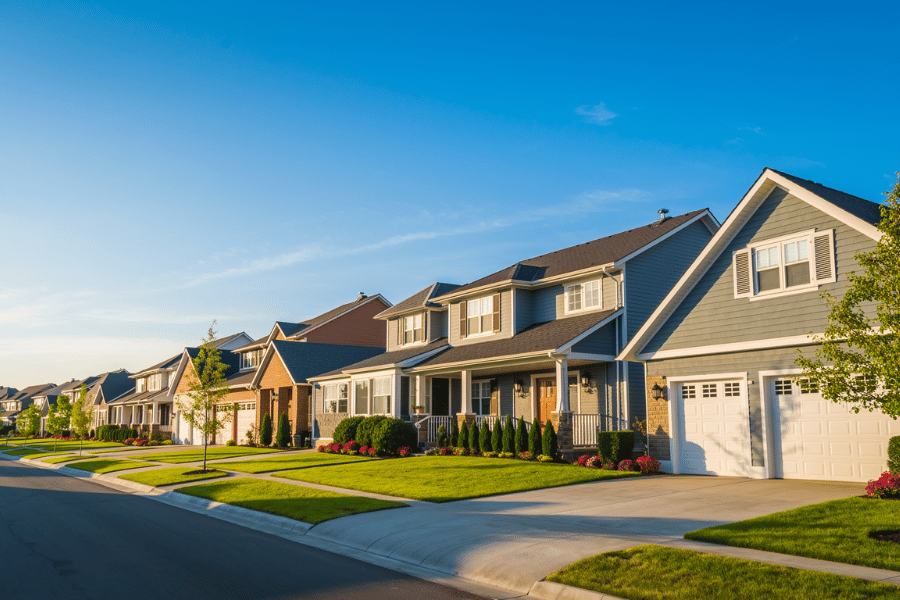 suburban residential neighborhood with well-maintained landscaping