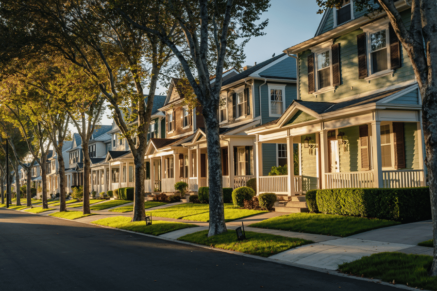 row of beautiful suburban homes next to each other with front porches on a quiet street