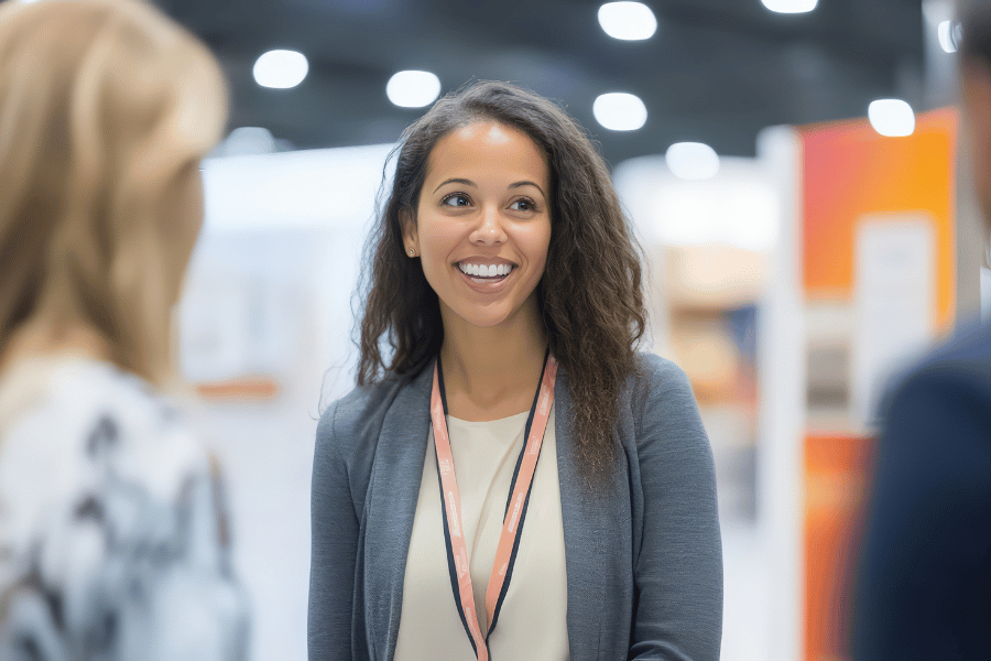 woman networking at a social event and meeting new people