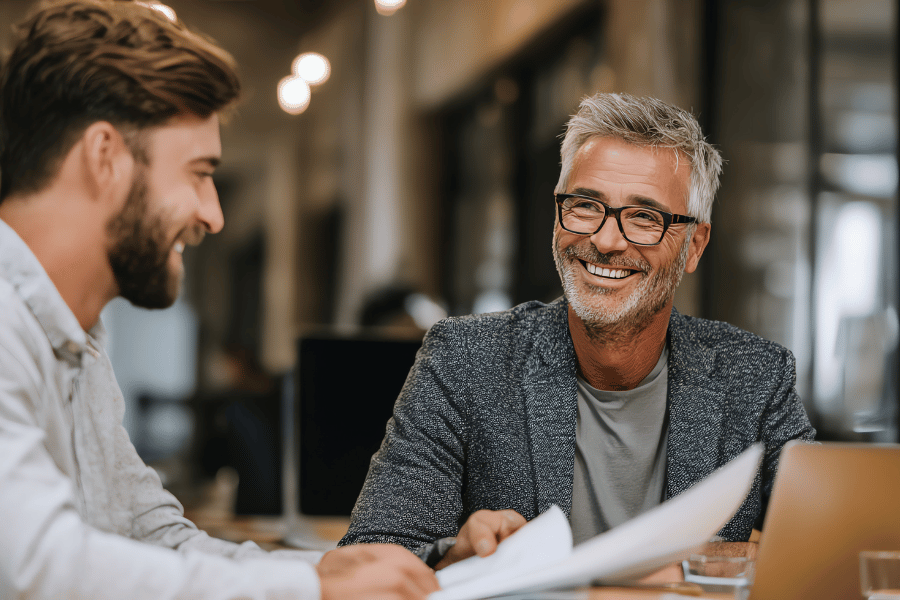 real estate agent sitting down and working with a client